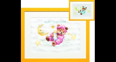 Pako Borduurpakket geboorte- telpatroon met codekaart - Beertje op wolk geboortetegel blauw / roze - 225.293 - voorgesorteerd garen -Aida - 25 x 15 cm- DIY kit