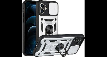 Hoesje Geschikt voor iPhone 13 Mini Hoesje met Camera Bescherming Zilver – met ring houder Rugged Armor Back Cover - Case - Camera Schuif