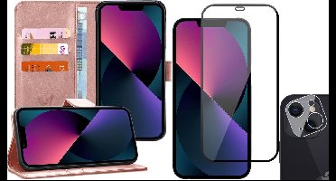 Hoesje geschikt voor iPhone 13 Mini - Book Case Kunstleer Wallet - Roségoud - Met Full Screenprotector en Camera Screen Protector