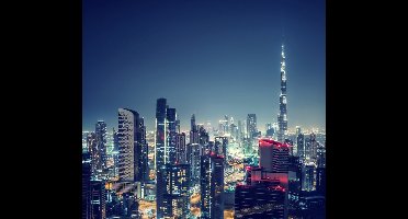 Panorama van nachtelijk Dubai in de Arabische Emiraten - Fotobehang (in banen) - 450 x 260 cm