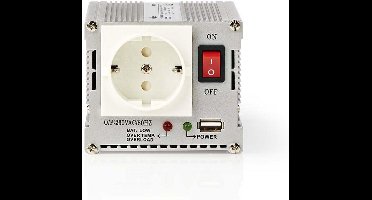 Nedis Omvormer Gemodificeerde Sinusgolf - Ingangsvoltage: 12 V DC - Apparaat stroomoutput: Type F (CEE 7/3) / USB-A - 230 V AC 50 Hz - 300 W - Piekvermogen: 600 W - Accuklemmen + Aansteker - Zilver