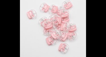 20 Stuks Kleurrijke KOORDSTOPPERS, Lengte 17MM, 2 Horizontale Gaatjes Diameter 4MM, Kleur TRANSPARANT/ROZE