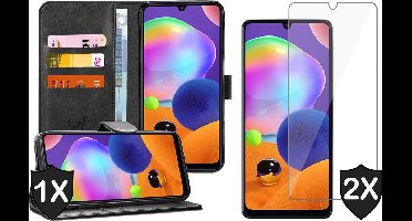 Hoesje geschikt voor Samsung Galaxy A31 - 2x Screen Protector GlassGuard - Book Case Kunstleer Pasjeshouder Zwart & Screenprotector