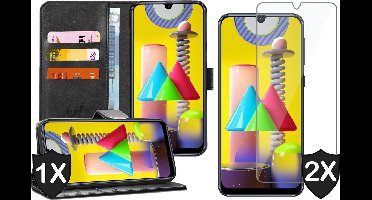 Hoesje geschikt voor Samsung Galaxy M31 - 2x Screen Protector GlassGuard - Book Case Kunstleer Pasjeshouder Zwart & Screenprotector