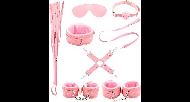 BDSM - Starters kit - Bondage set - Handboeien - Oogmasker - Enkelboeien - Gagball - Zweep - Hogtie - Roze