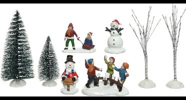 8x stuks kerstdorp accessoires figuurtjes/poppetjes en kerstboompje - Kerstdorp onderdelen kerstversiering