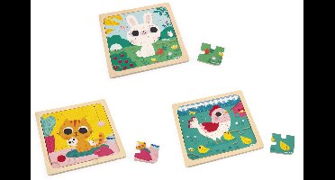 Janod - Houten puzzel - Dierenthema - 3 puzzels met 9 stukjes