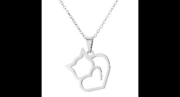 Gading® dames ketting met kat hanger-zilverkleurig -43cm-RVS ketting