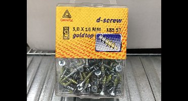 Hardhoutschroef. 3.0 x 16mm. lang. Platkop-Kruiskop-PZD-1. met Smeerfilm. Verzinkt. 185 stuks spaanplaatschroeven. Deltafix. D-Screw-Gold-Top.