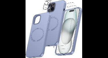Hoesje Geschikt voor iPhone 15 Plus Magsafe hoes incl 2x gehard glazen screenprotector & 1x cameraLens protector – Licht Blauw
