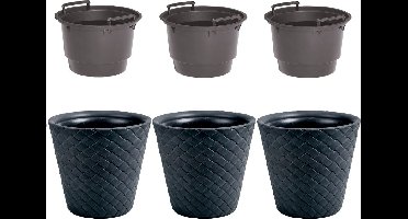 3x Kunststof Matuba rotan bloempotten/plantenpotten antraciet 40 cm inclusief binnenpot/binnenbak