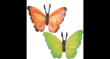 Tuindecoratie bloempothanger vlinder - set 2x - groen/oranjerood - kunststeen - 13 x 10 cm