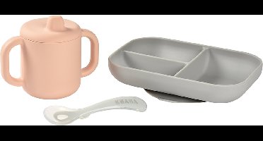 Béaba Siliconen Maaltijdset – 3-delig – Vakjesbord met Zuignap, Leerbeker & Lepel - Kinderservies voor Baby en Peuter– Roze