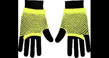 Apollo - Visnet handschoenen - Korte handschoenen - Fluor Geel - One Size - Kanten handschoenen - Neon verkleedkleding - Feestkleding - Carnaval