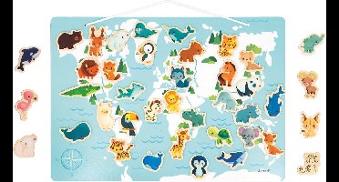 Janod Magneetbord - De Wereld - Plaats De 40 Dierenmagneten Op De Juiste Plaats Op De Magnetische Wereldkaart - Geschikt Vanaf 2 Jaar