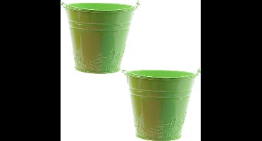 Decoris Bloempot/plantenpot bloemen relief - 2x - zink - D11 cm - groen