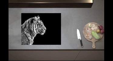 Inductieplaat Beschermer - Zijaanzicht van Kop van Sumatraanse Tijger (Zwart- wit) - 60x52 cm - 2 mm Dik - Inductie Beschermer van Vinyl