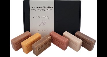 Soap bar cadeauset savon de marseille zeep Caramel, Honing, Kokos, Kaneel sinaasappel, Fleur de iles, Sinaasappel - Brievenbuscadeau