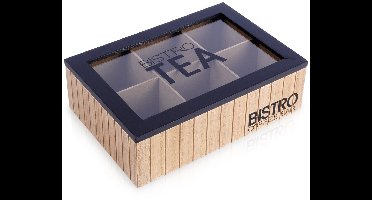 Excellent Houseware Theedoos - bistro - zwart/bruin - MDF - 24 x 16 x 8 cm - theekist - kijkvenster