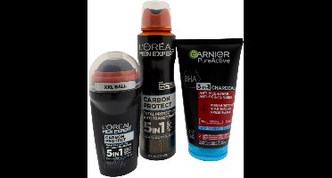 L’Oréal Men Expert Carbon & Garnier Heren Cadeauset – Deo Spray, Deo Roller & Reinigingsgel 3-in-1 – Verzorgingsset voor Mannen