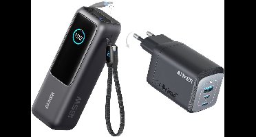 Anker PowerCore 25K Powerbank 25.000mAh - 165W - 3x 100W USB-C Poorten - Zwart + Anker-USB C-oplader-737 oplader GaNPrime 100W-PPS 3-poorts super snel compact-voeding
