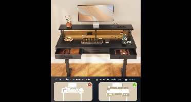 Elektrisch bureau met lades, 120 cm in hoogte verstelbaar bureau met monitorstandaard, gamingbureau met stopcontacten en lichtstrip, zwart