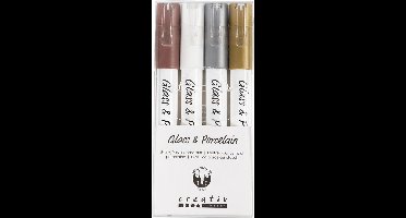 Glas- & Porseleinstiften, lijndikte 1-2 mm, semi-dekkend, bruin, goud, zilver, wit, 4 stuk