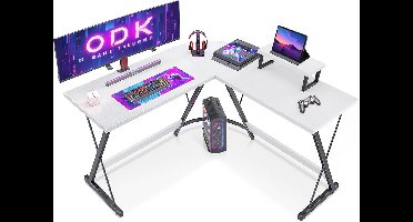 ODK Gaming tafel, gamingbureau hoekbureau voor gamers, bureau L-vorm met monitorstandaard voor kantoor (Wit, 127 x 127 cm)