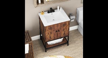 Badmeubel – Badkamermeubel – Onderkast – Wastafelmeubel – Opbergkast – Keramisch materiaal – 2 Deuren Met Open Plank – Rustiek Bruin