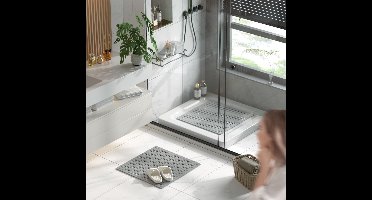 Badmat - 53 x 53 cm (Vierkant) - Polyvinylchloride (PVC) - Antislip - tegen schimmel - met zuignappen en afvoergaatjes - Kleur : grijs