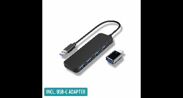 Pixelloop®USB Hub 3.0 COMPLETE Set | 4 Poorten Splitter Inclusief USB-C Adapter | Voor Laptop & PC | 5Gbps SuperSpeed