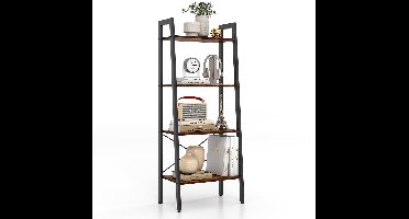 Sierra Ladderrek, Boekenkast, rek met 4 niveaus, houten ladderrek, met kantelbeveiligingen en verstelbare voetkussens, metalen frame, voor woonkamer, werkkamer en kantoor (rustiek bruin)