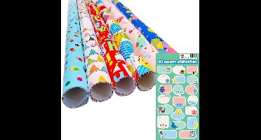 Happy Birthday Inpakpapier/cadeaupapier - 4x stuks rollen - feest/verjaardag prints - 200 x 70 cm - papier - cadeautjes inpakken - inclusief naam labels