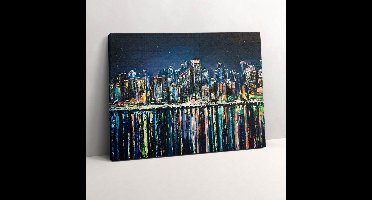 Wallfluent Foto Op Canvas Land van Bloemen - een fantasiestadje aan zee - 80 x 60 cm - Blauw Schilderij Canvas - Steden Canvas Doek Foto - Imitatie van een olieverfschilderij Schilderij Doek - Steden Schilderijen Op Canvas Doek