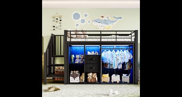 Hoogslaapbed 90x200 cm met LED Verlichting, Zwart, Inclusief 2 Opbergladen en Open Kledingrek, Stabiel Metaal Frame, Meerdere Opbergvakken, Zonder Matras