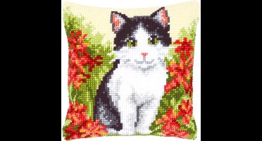 Vervaco - Kruissteekkussen kit - Kat in bloemenveld - PN-0143701 - Borduren - Borduurpakket - Borduurpakket volwassenen - Borduurpakket kind