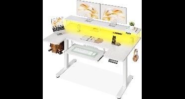 Electric Desk OffiZen ProLift 140 cm – Height Adjustable Sit-Stand Desk with LED, Monitor Stand, USB Charging Ports, Built-in Power Outlets, Keyboard Tray – Modern White Home Office Table