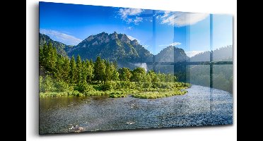Wallfluent Glasschilderij - Een bocht in de Dunajec-rivier in het Pieniny-gebergte. Glazen Schilderij - 140x70 cm - Blauw Horizontale muurfoto - Natuur Foto Glas - Schilderij Op Glas - Glas Schilderij