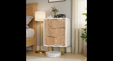 Nachtkastjes Set van 2 - ADFBL - Nachtkastje met 3 Lades - Wit & Hout met Gouden Accenten - Modern Bijzettafeltje met Ribbelstructuur - Slaapkamer Kastje 65 cm Hoog
