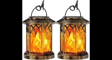 longziming -Solar tuinverlichting – Set van 2 Solar Tuinlampen met Dansend Vlam Effect – Waterdicht, IP65 – Oplaadbaar via Zonne-energie – Draadloos voor Buiten, Balkon en Decoratie