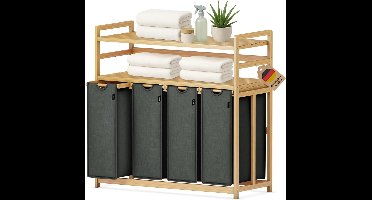 RVV® Wasmand 4 Vakken - Wassorteerder - Wasmand - Bamboe Frame - Donker Grijs - 103cm x 42cm x 101cm