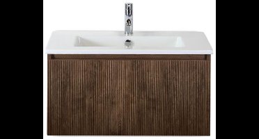 Frozen 3D Badmeubelset 80 cm - Greeplijst in Kleur - Dark Oak - Keramische Wastafel Wit 1 Kraangat