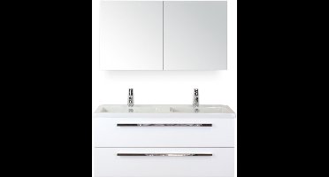 Seville Badmeubelset 120 cm - 2 Laden Wit Hoogglans - Wastafel Djazz Dubbel met Spiegelkast