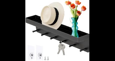 Klein sleutelrek met plank - Zwart - 6 haken met zelfklevende wandmontage - Sleutelhaken voor hal, entree, keuken of badkamer - Kapstok - Ophanghaken voor sleutels en accessoires - Sleutelhaakjes