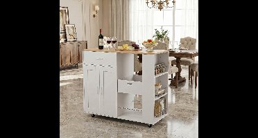 Keukentrolley & Dressoir op Wielen - ADFBL - Wit Keukeneiland met Eiken Werkblad - Verrijdbare Keukenkast met Lade, Kruidenrek & Handdoekhouder - 102 cm Breed