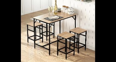 Industriële 5-delige Bartafel Set met 4 Barkrukken – Eikenhout & Zwart Staal – Ruimtebesparende Hoge Tafel voor Keuken & Eetkamer – 100 x 60 x 88 cm