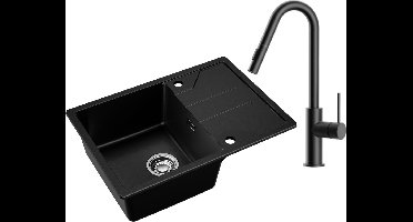 DERW MAX Granieten spoelbak - Spoelbak Keuken Met V-Uitloop Keukenkraan - spoelbak 65 × 45cm - Spoelbak Keuken - Wasbak met waterafvoersysteem