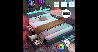 Gestoffeerd Bed 140x190 cm - Opbergbed - Jongerenbed - Jeugdbed - Tweepersoonsbed - Bedframe met 4 Lades - Led Verlichting - Met Stopcontacten - USB -Type C - Eenvoudige Montage - Grijs