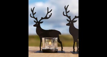 Windlicht Hert - Theelicht Rendier - Kerstdecoratie - Zwart Metaal - incl. Theelicht glaasje -  hoogte 20cm x b 12cm