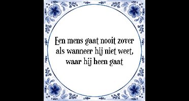 Tegeltje met Spreuk (Tegeltjeswijsheid): Een mens gaat nooit zover als wanneer hij niet weet, waar hij heen gaat + Kado verpakking & Plakhanger